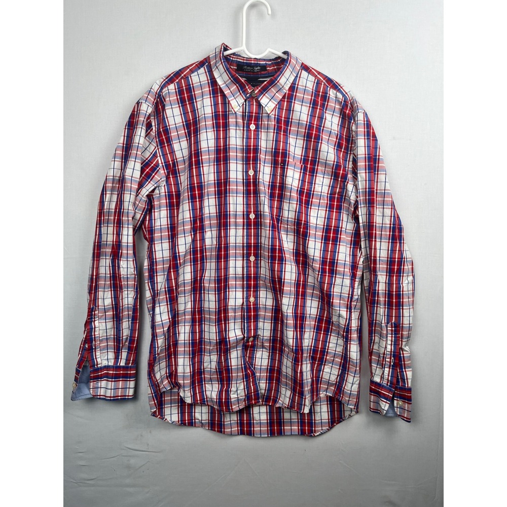 Tommy Hilfiger Heritage Poplin Slim Fit Plaid Shirt Mens XL Red White Blue